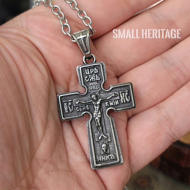 Russian Orthodox Cross Necklace Slavic Stainless Steel Pendant Chain