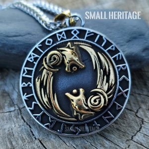Viking Stainless Steel Necklace Geri and Freki Rune Wolf Valknut Pendant Nordic