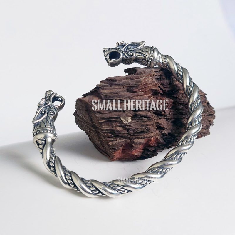925 Sterling Silver Viking Bracelet Cuff Medieval Style Arm Ring For Men