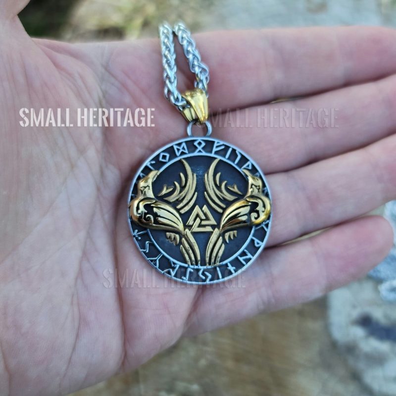 Raven Necklace Huginn & Muninn Rune Valknut Viking Pendant Vegvisir