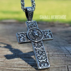Lion Cross Necklace Stainless Steel Christian Pendant Medieval Style