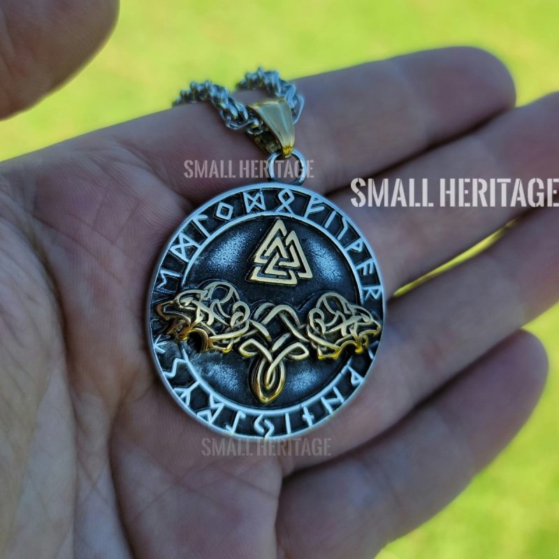 Wolf Necklace Stainless Steel Geri & Freki Pendant Rune Valknut Viking