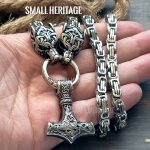 Viking Wolf Head Necklace Thor Hammer Stainless Steel Mjolnir Pendant Men