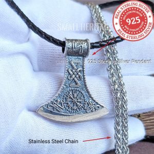 Viking Axe Necklace 925 Sterling Silver Norse Pendant Vegvisir Amulet