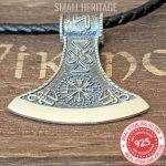 Viking Axe Necklace 925 Sterling Silver Norse Pendant Vegvisir Amulet