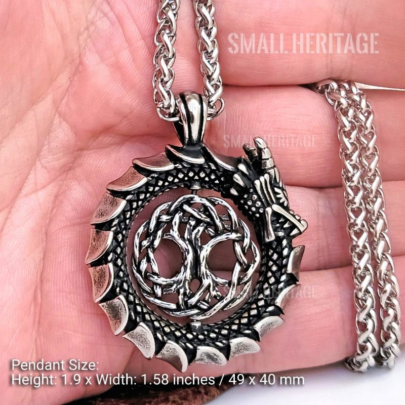 Viking Dragon Necklace 316L Stainless Steel Pendant Chain Norse Amulet Yggdrasil