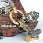 Men Viking Stainless Steel Wolf Necklace Thor Hammer Mjolnir Pendant Gold Black
