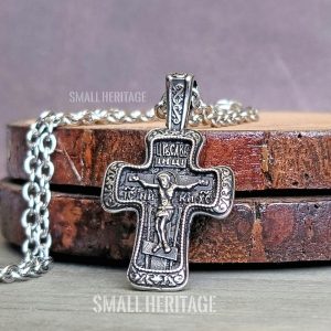Stainless Steel Orthodox Cross Necklace Slavic Pendant Eastern European Men