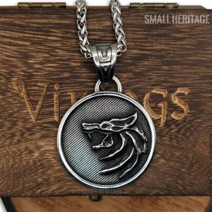 Small Heritage Wolf Head Necklace Stainless Steel Viking Witcher Pendant