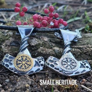 Large Viking Vegvisir Mjolnir Stainless Steel Necklace