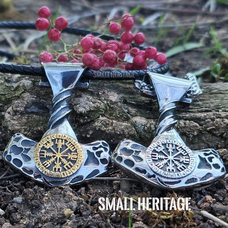 Large Viking Vegvisir Mjolnir Stainless Steel Necklace