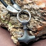 back sideViking Raven Leather Necklace with Mjolnir and Huginn and Muninn