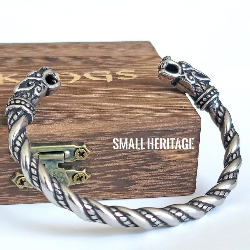 Stainless Steel Viking Wolf Head Cuff Norse Bracelet Celtic Bangle Viking Box