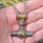 Viking Stainless Steel Mjolnir Necklace Vegvisir Pendant