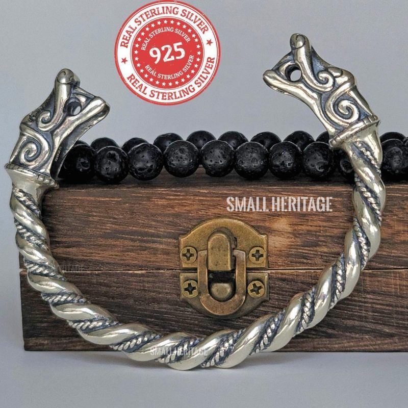 925 Sterling Silver Dragon Bracelet Viking Cuff Medieval Arm Ring