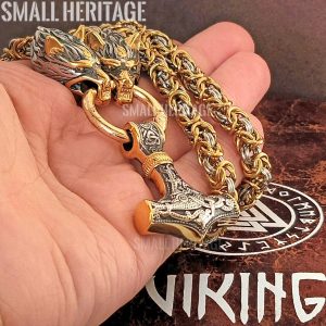 Large Viking Necklace Wolf Heads Chain Thor Hammer Mjolnir Men