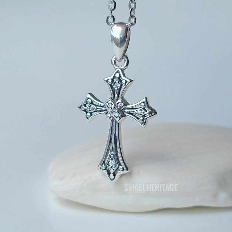 Medieval Style Cross Necklace 925 Sterling Silver