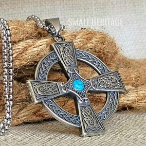 Large Celtic Cross Necklace Stainless Steel Irish Pendant Stone