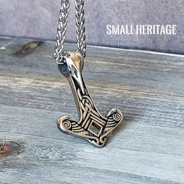 Viking Raven Necklace Mjolnir Stainless Steel Hammer Pendant Chain