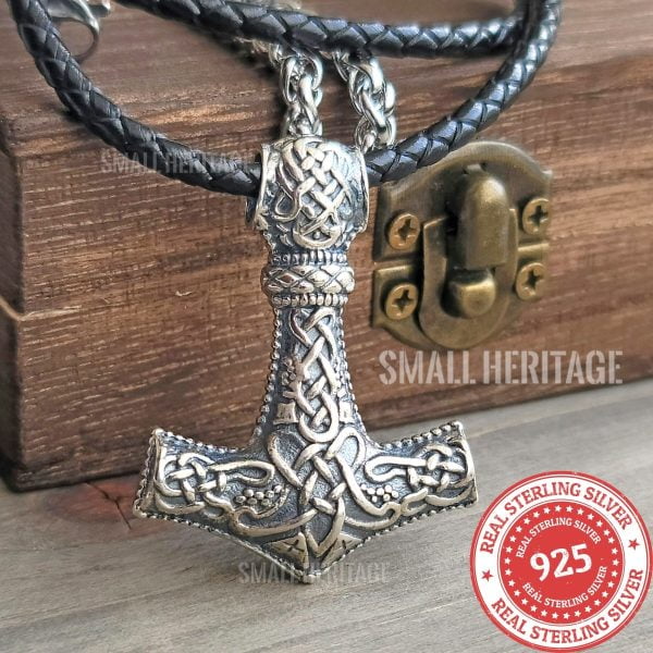Viking Mjolnir Wolf Necklace 925 Sterling Silver Hammer Pendant