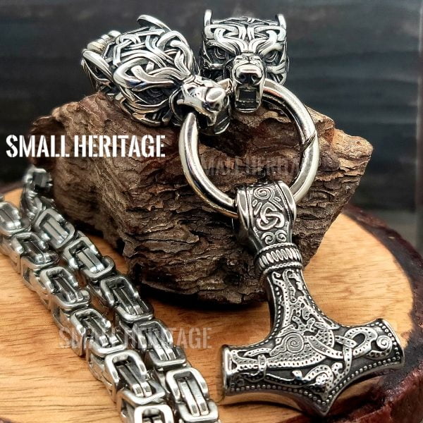 Viking Wolf Head Necklace Thor Hammer Stainless Steel Mjolnir Pendant Men
