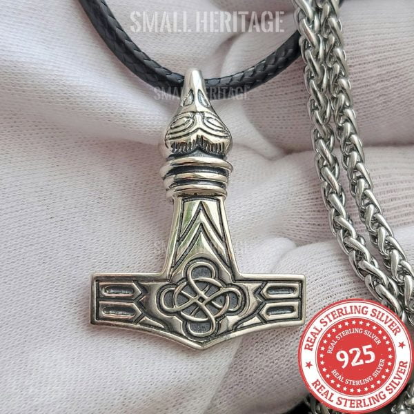 Viking Mjolnir Necklace 925 Sterling Silver Raven Pendant Celtic Knot