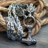 Viking Wolf Head Necklace Thor Hammer Stainless Steel Mjolnir Pendant Men