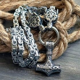 Viking Wolf Head Necklace Thor Hammer Stainless Steel Mjolnir Pendant Men