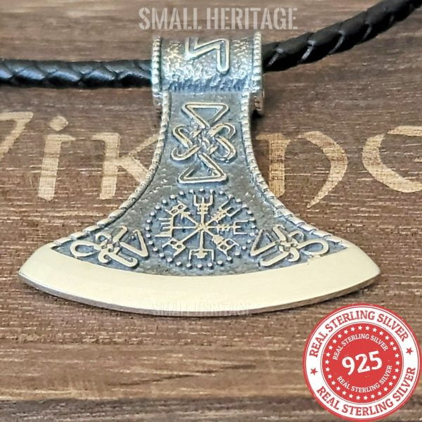 Viking Axe Necklace 925 Sterling Silver Norse Pendant Vegvisir Amulet