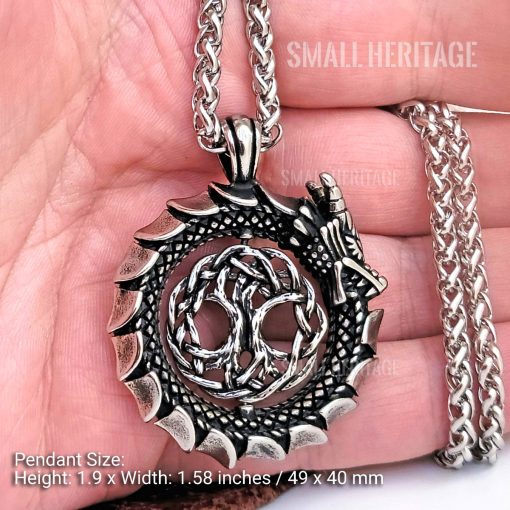 Viking Dragon Necklace 316L Stainless Steel Pendant Chain Norse Amulet Yggdrasil