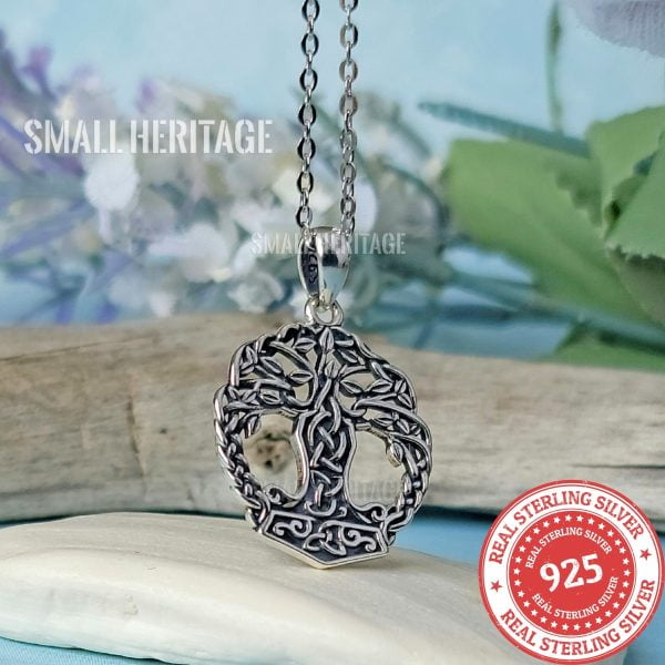 925 Sterling Silver Tree of Life Viking Yggdrasil Necklace Mjolnir Pendant