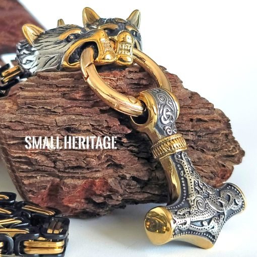 Men Viking Stainless Steel Wolf Necklace Thor Hammer Mjolnir Pendant Gold Black