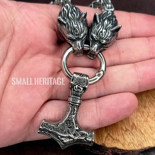 Viking Necklace Stainless Steel Thor Hammer Pendant Wolf Chain