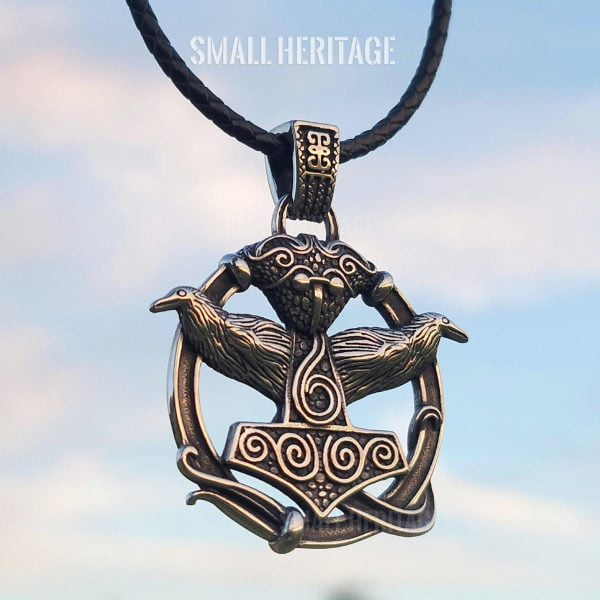 Viking Stainless Steel Mjolnir Necklace Huginn Muninn Pendant Raven