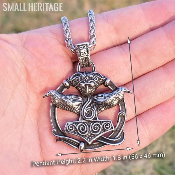 Viking Stainless Steel Mjolnir Necklace Huginn Muninn Pendant Raven