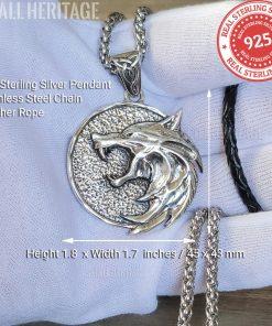 925 Sterling Silver Wolf Head Wizard Pendant Witcher Necklace
