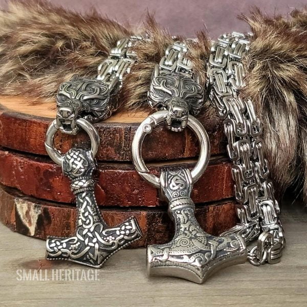Wolf Head Viking Necklace Stainless Steel Norse Mjolnir Pendant