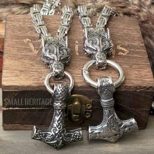 Wolf Head Viking Necklace Stainless Steel Norse Mjolnir Pendant