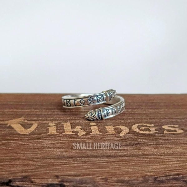 925 Sterling Silver Adjustable Viking Dragon Ring Rune Amulet