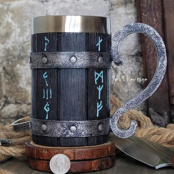 Viking Mug Norse Beer Drinking Cup Tankard Black Color with Runes