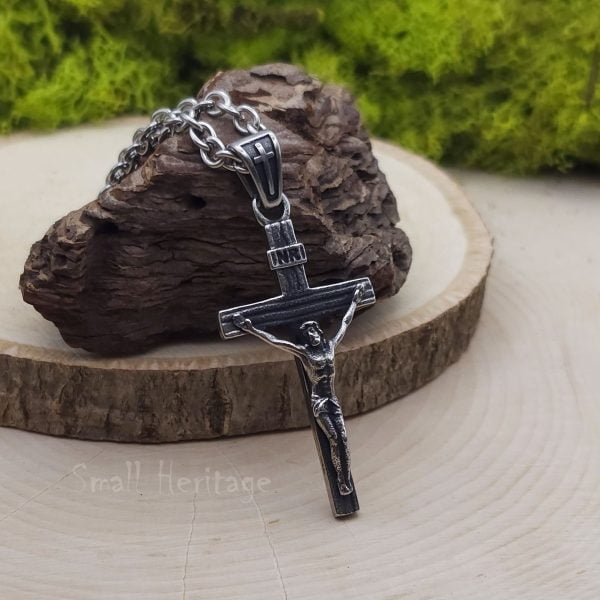 Christian Crucifix Cross Necklace Stainless Steel Pendant Chain Rope