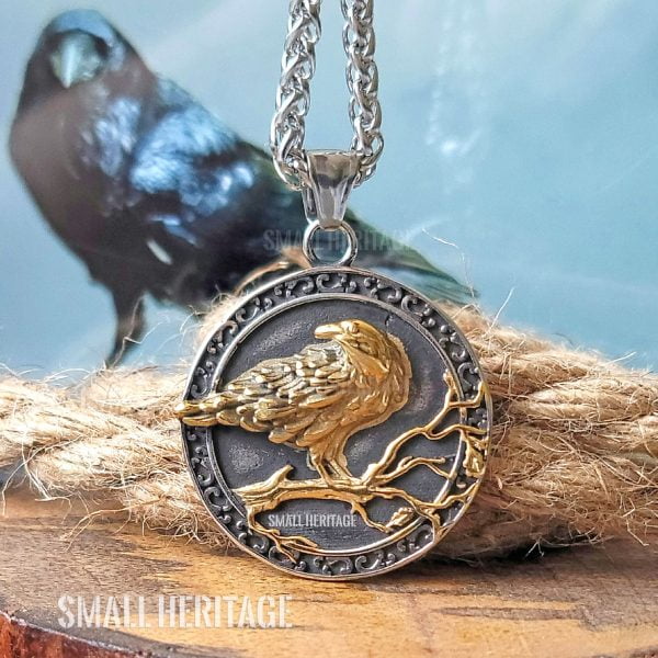 Raven Necklace Viking Helm of Awe Pendant Norse Runes Stainless Steel Amulet