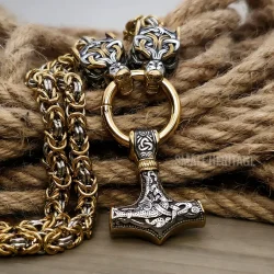 Viking Wolf Head Byzantine Chain Necklace Norse Hammer Mjolnir Pendant For Men