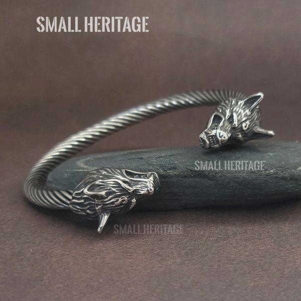 Viking Stainless Steel Cuff Norse Wolf Head Bracelet Bangle