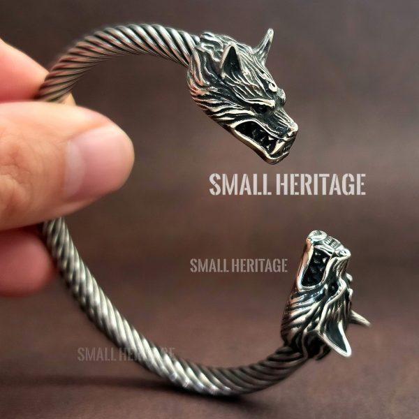 Viking Stainless Steel Cuff Norse Wolf Head Bracelet Bangle