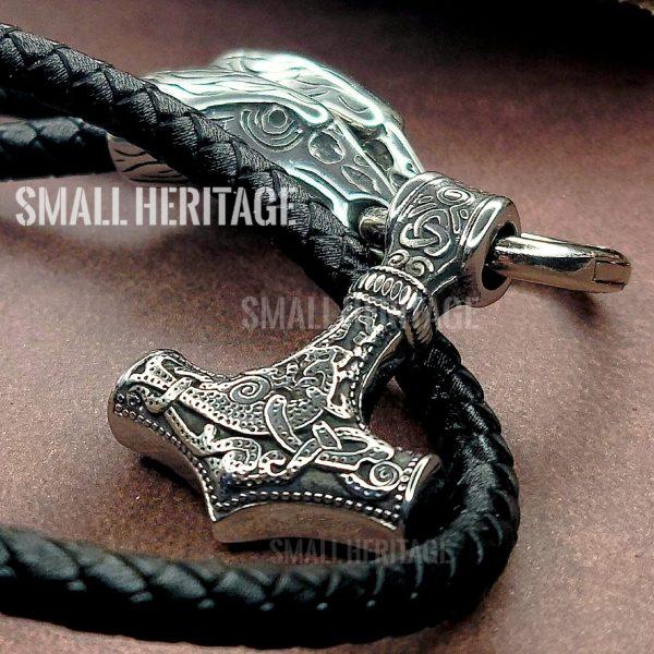 Viking Raven Leather Necklace with Mjolnir and Huginn and Muninn