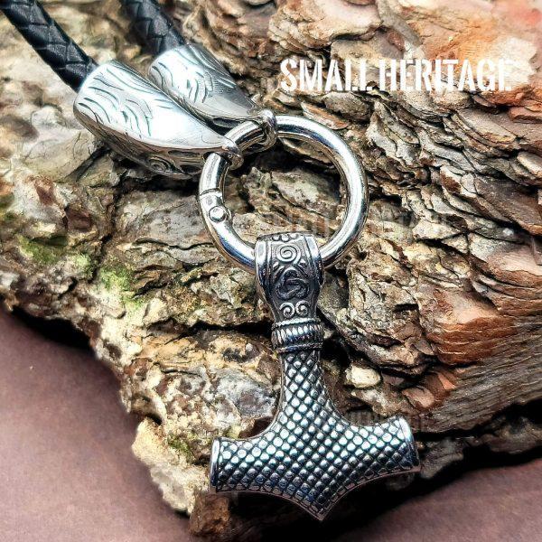 back sideViking Raven Leather Necklace with Mjolnir and Huginn and Muninn