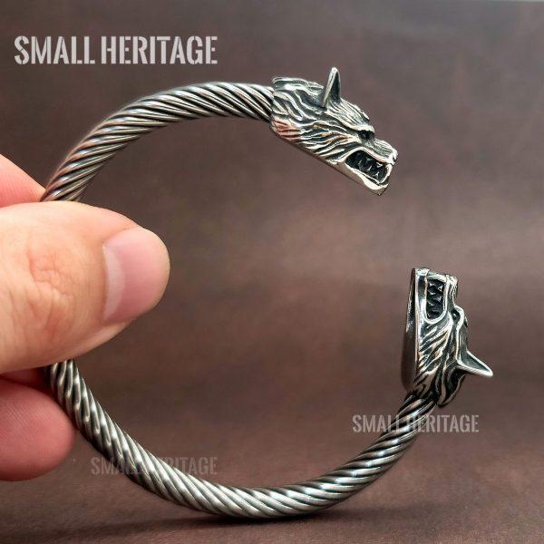 Viking Stainless Steel Cuff Norse Wolf Head Bracelet Bangle