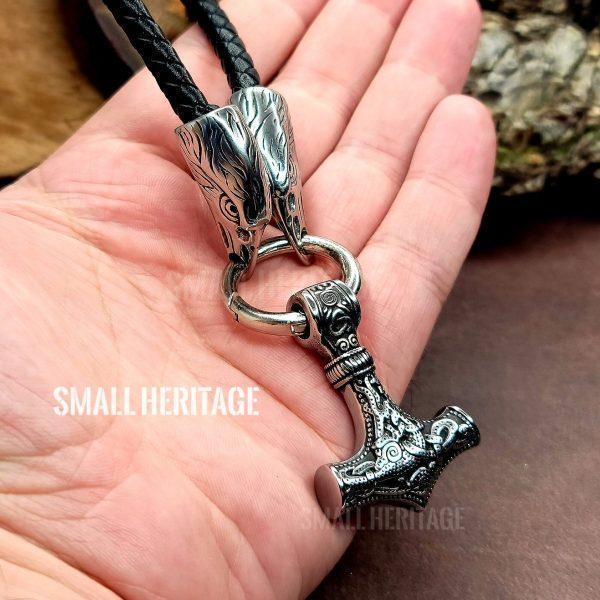 Viking Raven Leather Necklace with Mjolnir and Huginn and Muninn