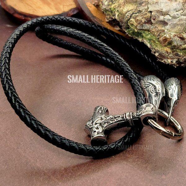 Viking Raven Leather Necklace with Mjolnir and Huginn and Muninn